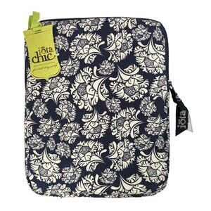 Iota Chic Daphne Padded iPad Case White Floral Navy Zipper Pocket 9.75 x 7.75